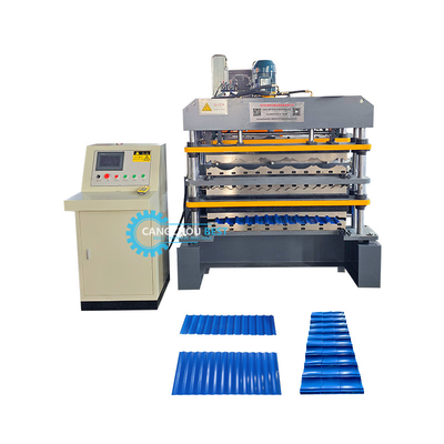 สีเหล็ก PLC การควบคุมสามฟังก์ชันสามชั้น Rooing Sheets โปรไฟล์ Roll การสร้างเครื่อง