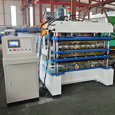 PLC การควบคุม เครื่องตัดไฮดรอลิก Tr4 Tr5 เครื่องตัดแผ่นหลังคาสามชั้นสําหรับเปรู